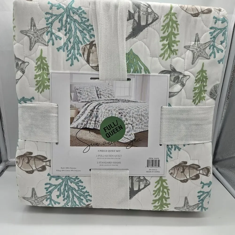SUN and SEA 3 Pc QUEEN Quilt Set Seashells Fish Corals NEW Ocean Lake Coastal Gr